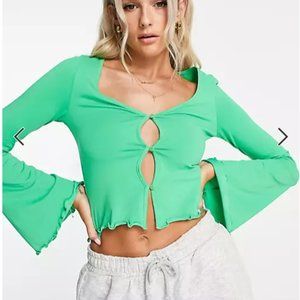 Monki button detail top with trumpet sleeve in green